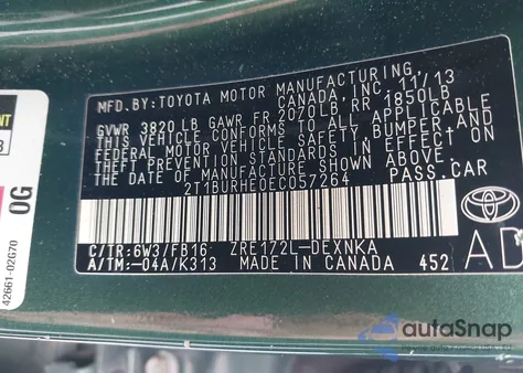 2014 Toyota Corolla Le from USA, damaged, VIN 2T1BURHE0EC057264